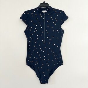 Boden Women Navy Polka Dot Zip Rash Guard One Piece Swimsuit Size 8 Short Sleeve